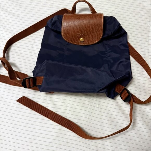 Longchamp Le Pliage Navy Leather Backpack Tote Bag - Picture 1 of 3
